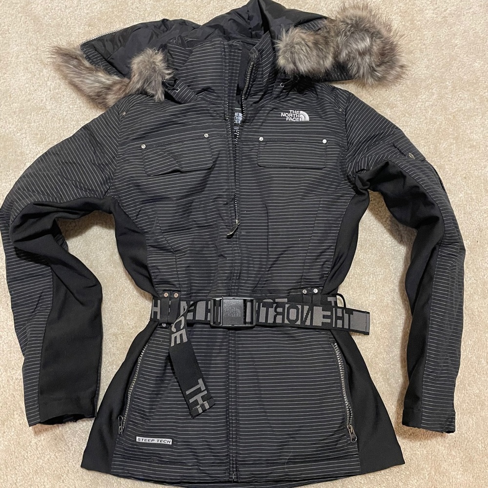 The North Face Black Pinstripe Ski Jacket with Faux Fur Hood